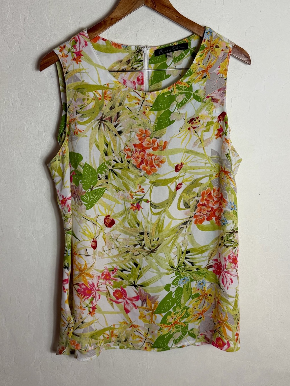 Rose & Olive Tropical Floral Sleeveless Top - White, Green & Pink